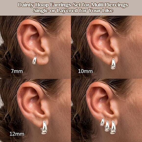 3 Pairs Chunky Huggie Hoop Earrings 14K White Gold Plated Hypoallergenic - Picture 4 of 6